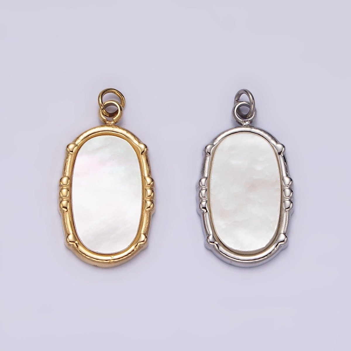 Stainless Steel Shell Pearl Oval Dot Bezel Charm in Gold & Silver | P1318