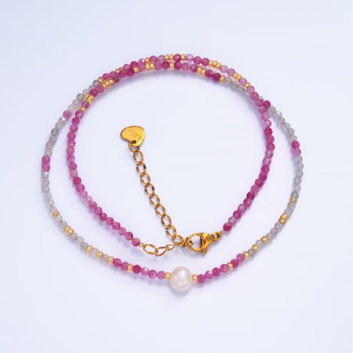 Stainless Steel Shell Pearl Pink - Grey Natural Gemstone 15 Inch Choker Necklace | WA - 3101 - DLUXCA