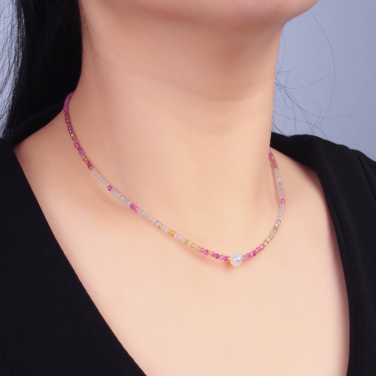Stainless Steel Shell Pearl Pink - Grey Natural Gemstone 15 Inch Choker Necklace | WA - 3101 - DLUXCA