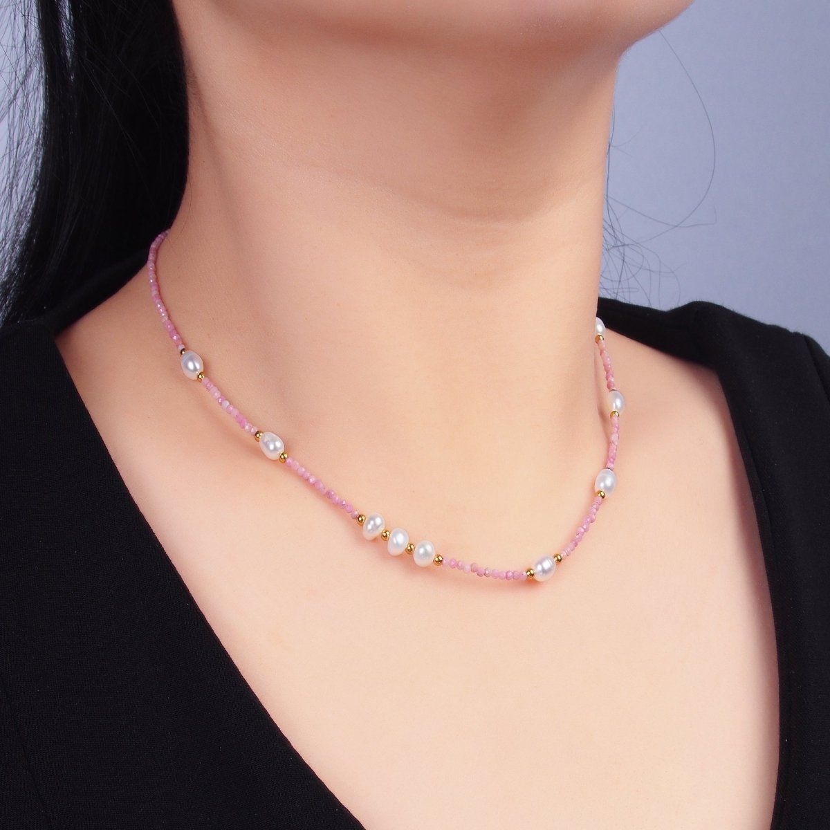 Stainless Steel Shell Pearl Pink Natural Gemstone 15 Inch Choker Necklace | WA - 3100 - DLUXCA