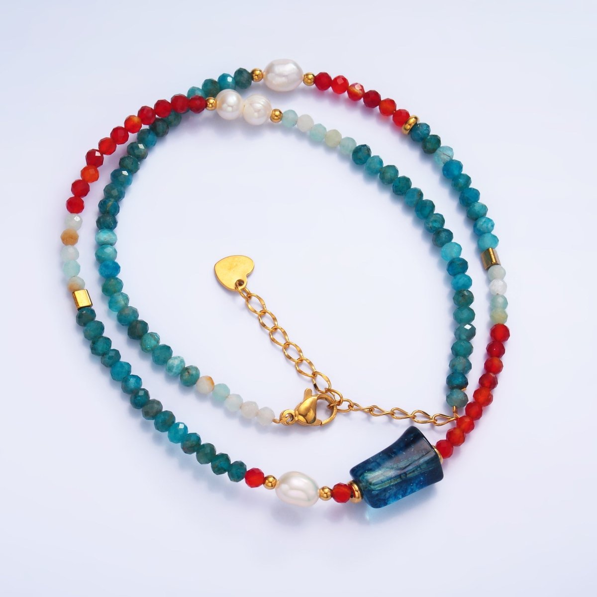 Stainless Steel Shell Pearl Red Blue Natural Gemstone 16.5 Inch Choker Necklace | WA - 3103 - DLUXCA