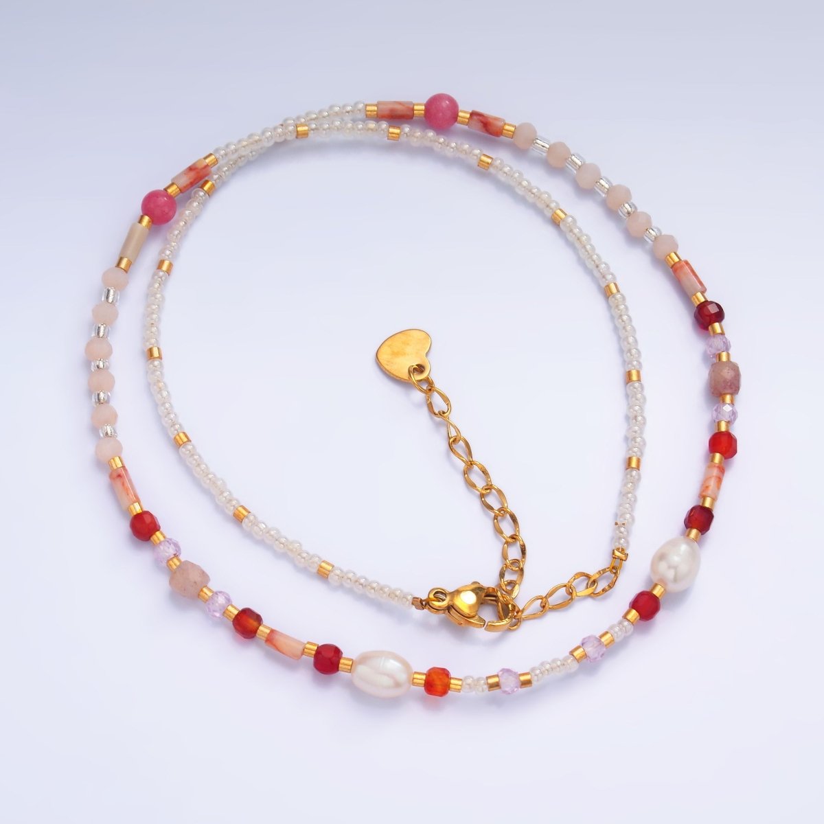 Stainless Steel Shell Pearl Red Natural Gemstone 16 Inch Choker Necklace | WA - 3099 - DLUXCA