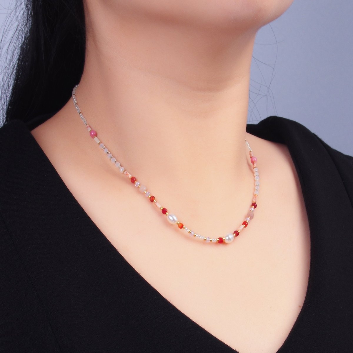 Stainless Steel Shell Pearl Red Natural Gemstone 16 Inch Choker Necklace | WA - 3099 - DLUXCA