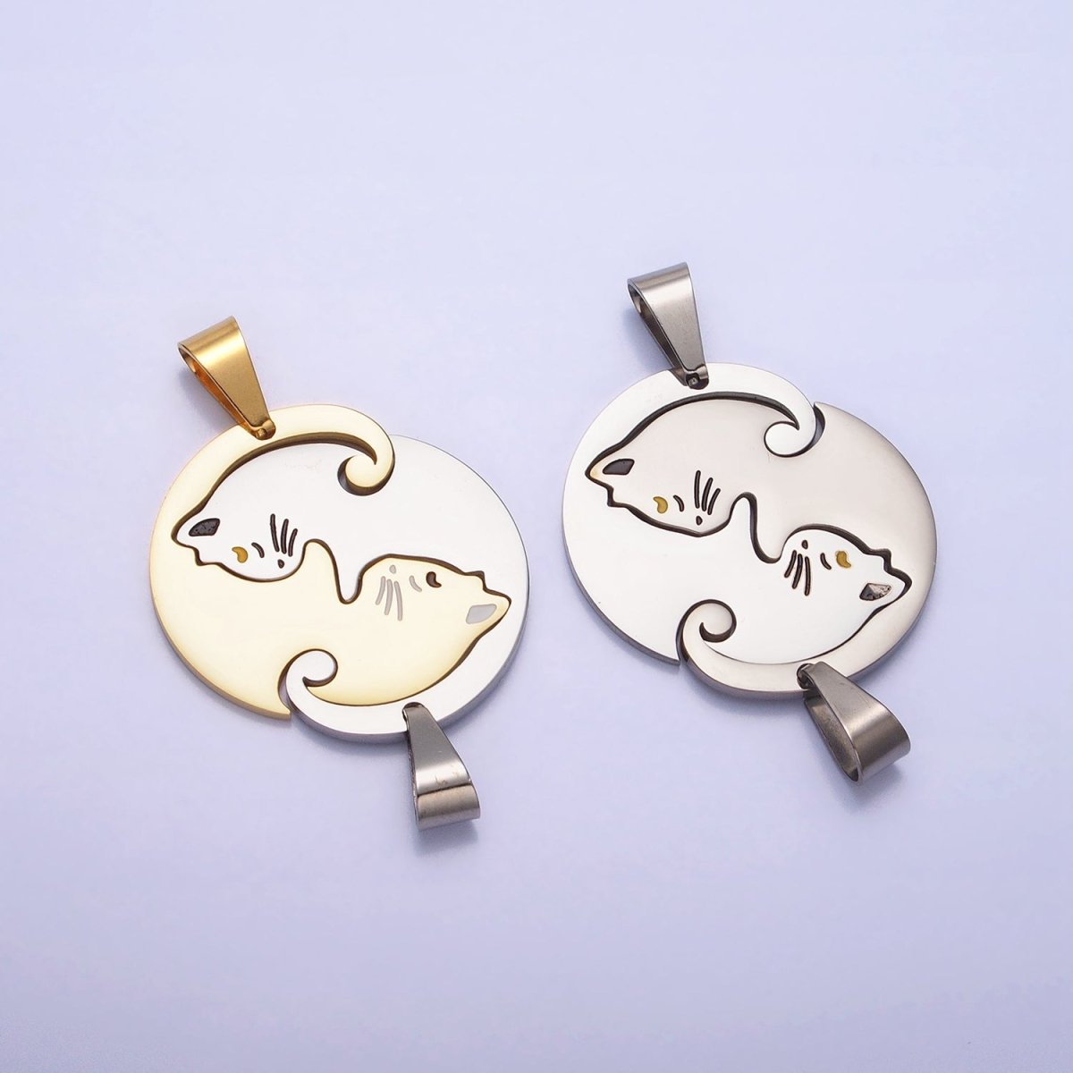 Stainless Steel Sleeping Kitty Cat Couple's Friendship Pendant Set in Gold & Silver | P-1122
