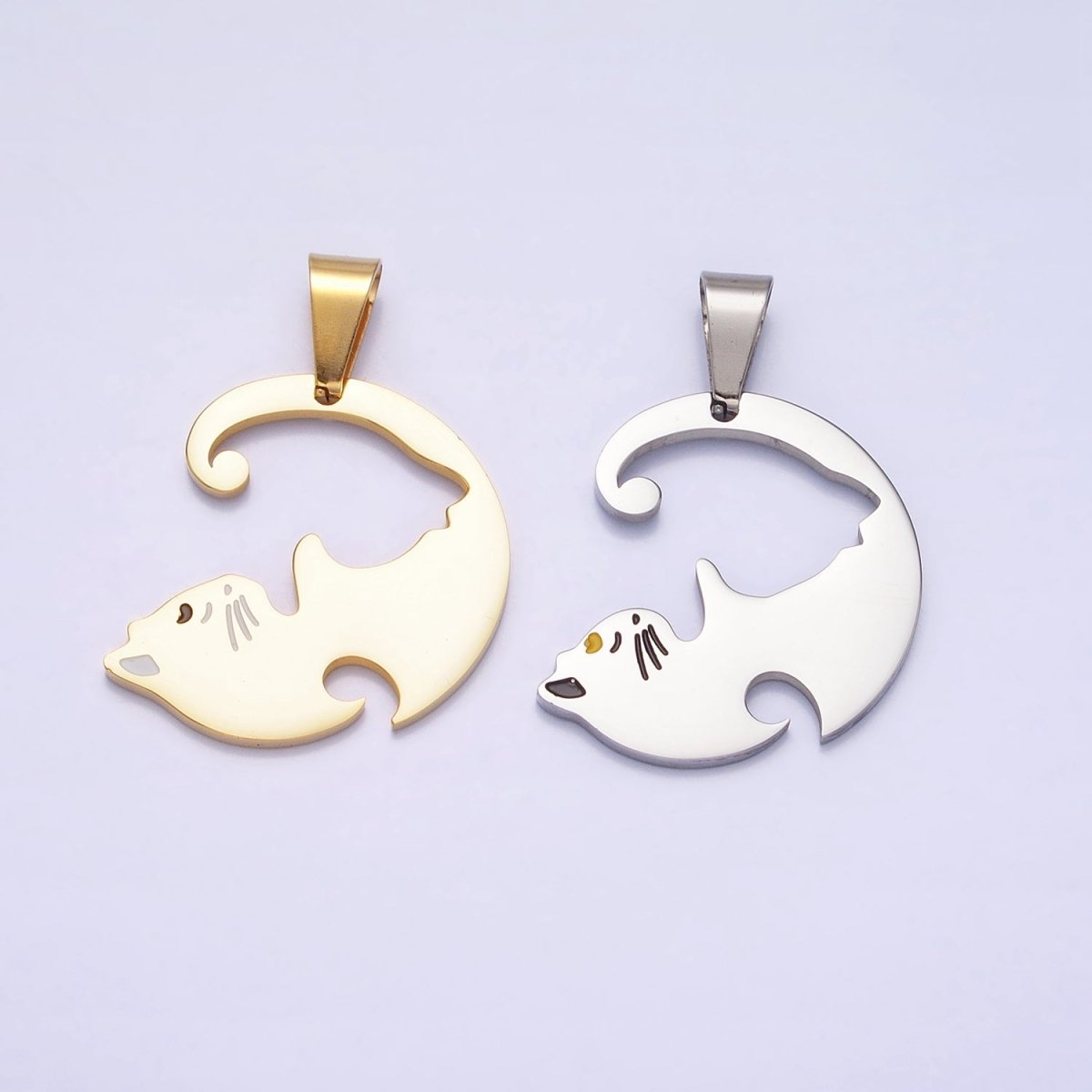 Stainless Steel Sleeping Kitty Cat Couple's Friendship Pendant Set in Gold & Silver | P-1122