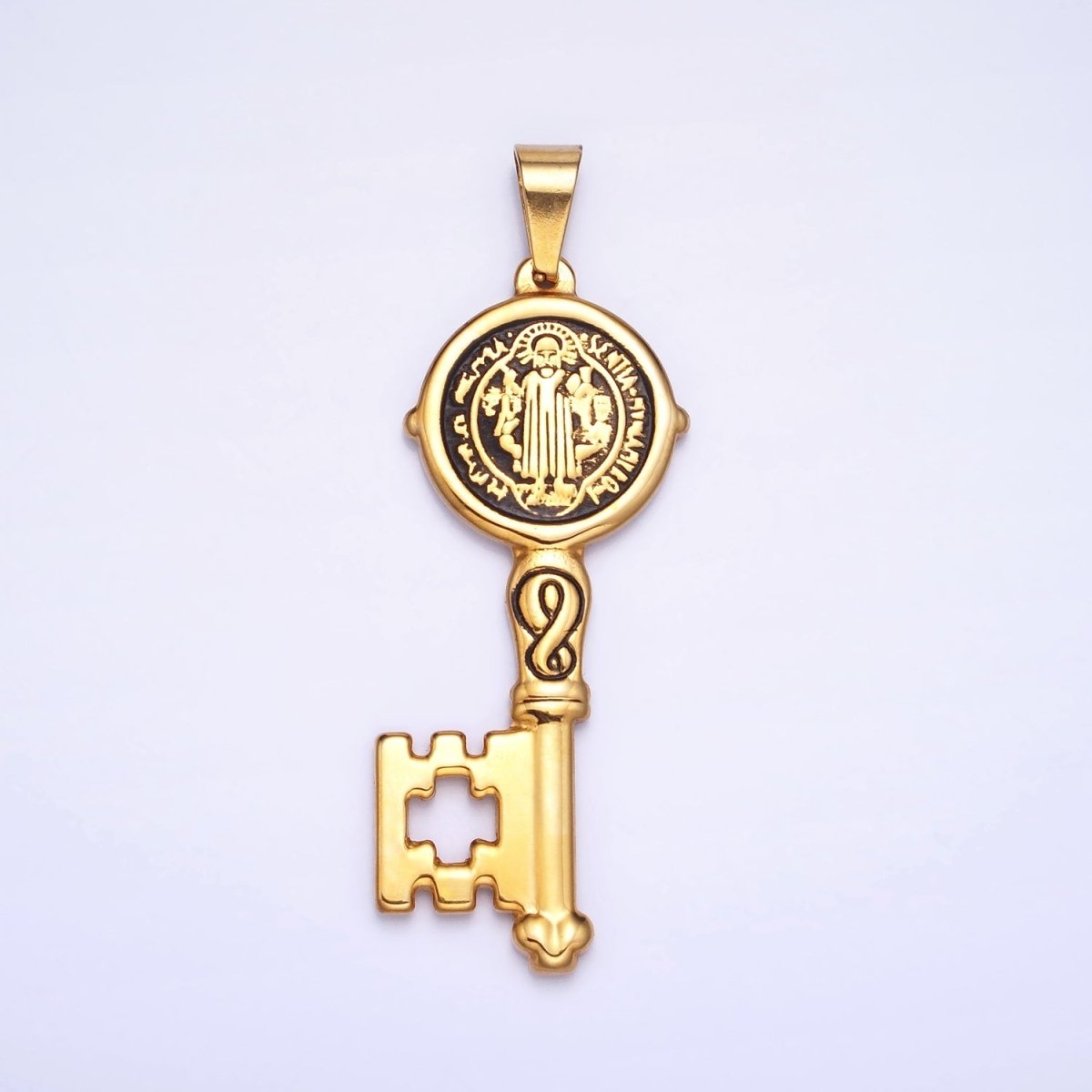Stainless Steel SMQLIVB PAX VRSNSMV Saint Benedict Double Sided Engraved Key Pendant in Gold & Silver | P-1089 P-1090