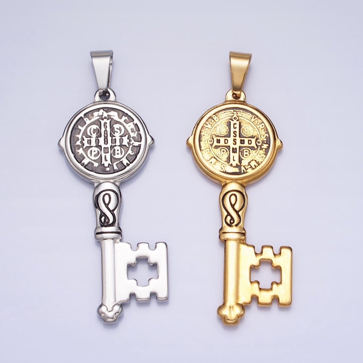 Stainless Steel SMQLIVB PAX VRSNSMV Saint Benedict Double Sided Engraved Key Pendant in Gold & Silver | P-1089 P-1090