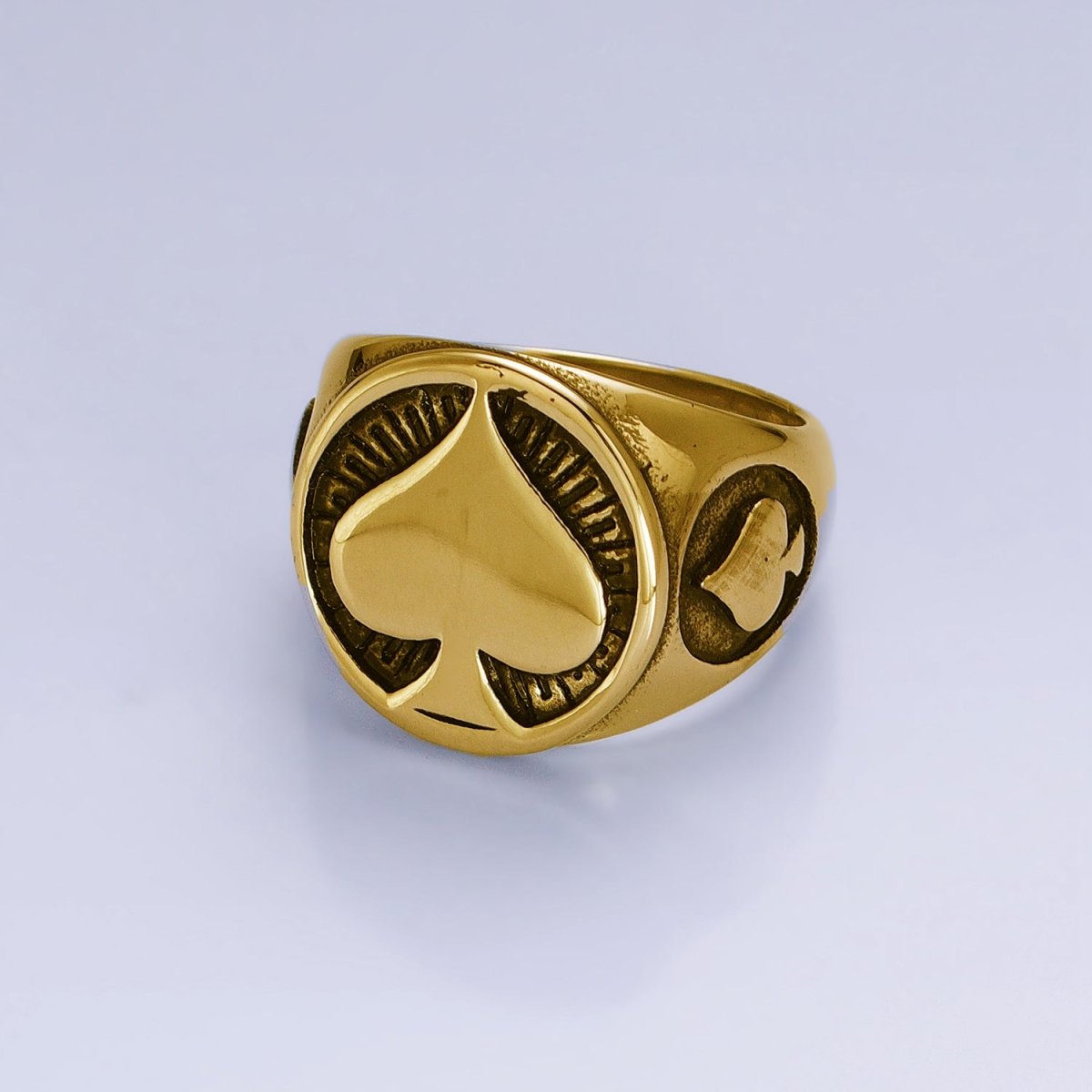 Stainless Steel Spade Card Symbol Round Signet Ring in Silver & Gold | O-1962 O-1963 O-1964 O-1965