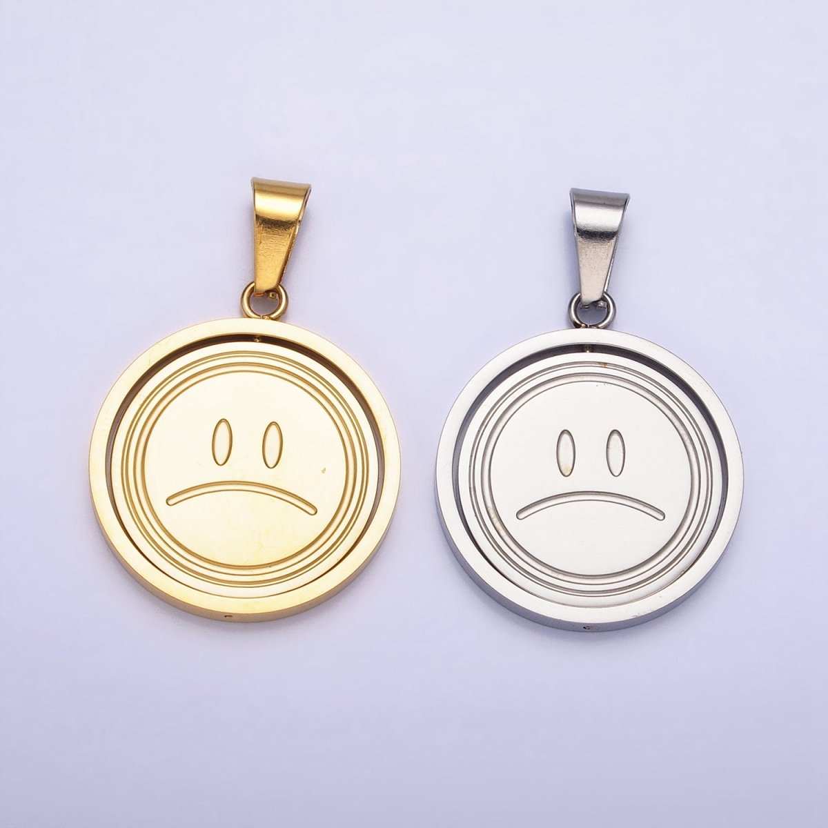 Stainless Steel Spinning Double Sided Smiley & Sad Face Pendant in Gold & Silver | P-1121