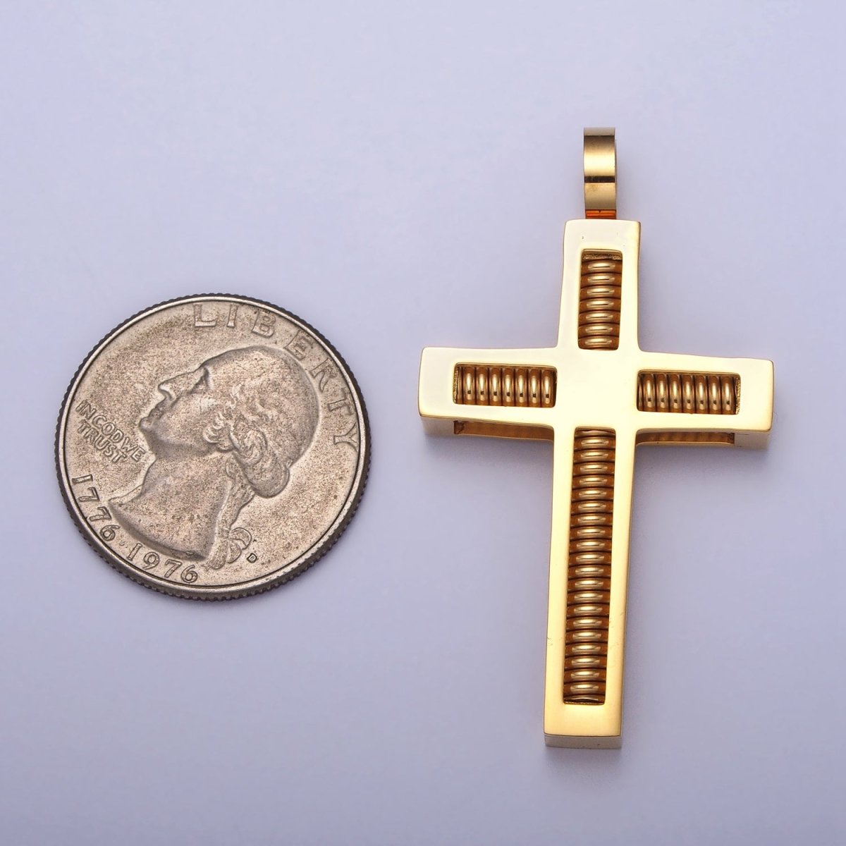Stainless Steel Spring Coil Textured Latin Cross Pendant in Gold & Silver | P-1097