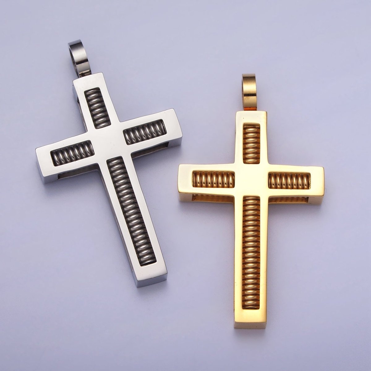 Stainless Steel Spring Coil Textured Latin Cross Pendant in Gold & Silver | P-1097