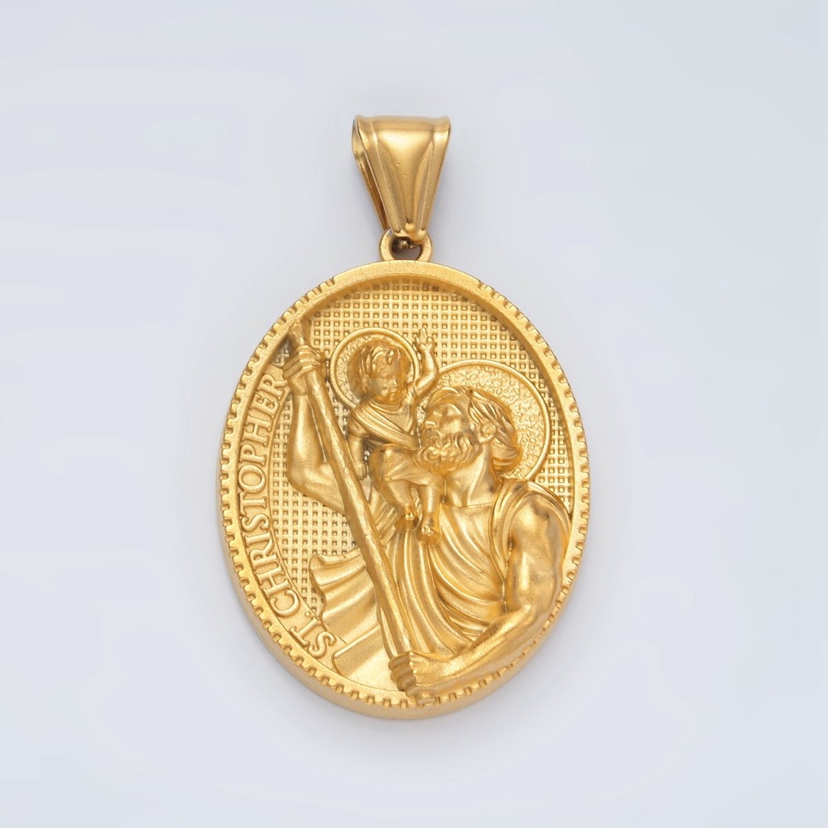 Stainless Steel St. Christopher Script Religious Figure Oval Pendant | P1465