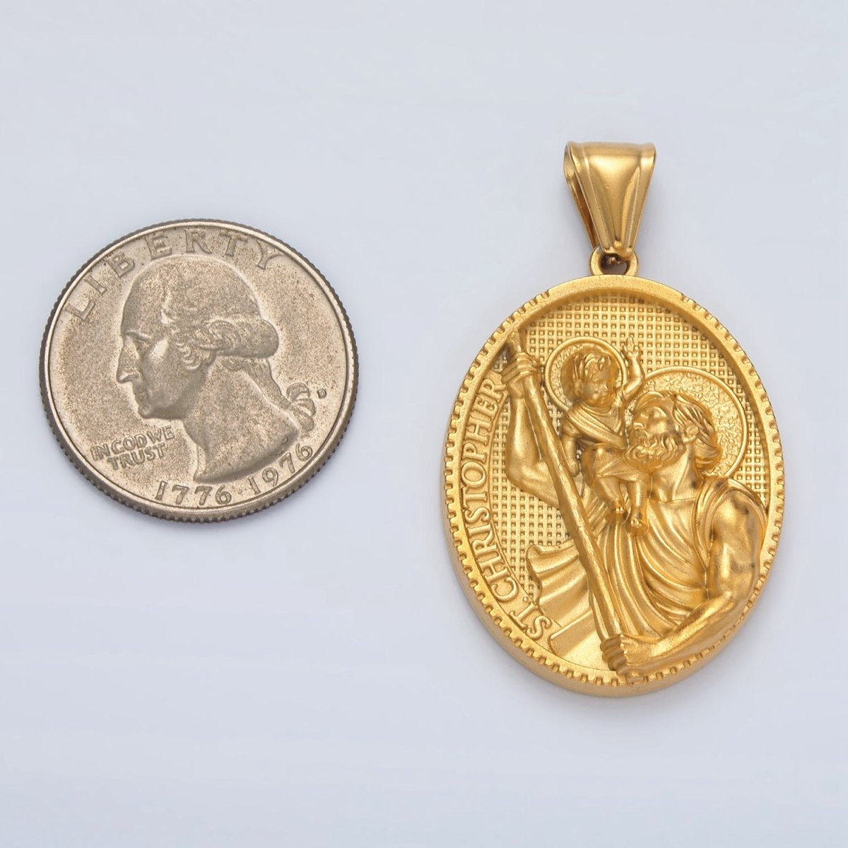 Stainless Steel St. Christopher Script Religious Figure Oval Pendant | P1465