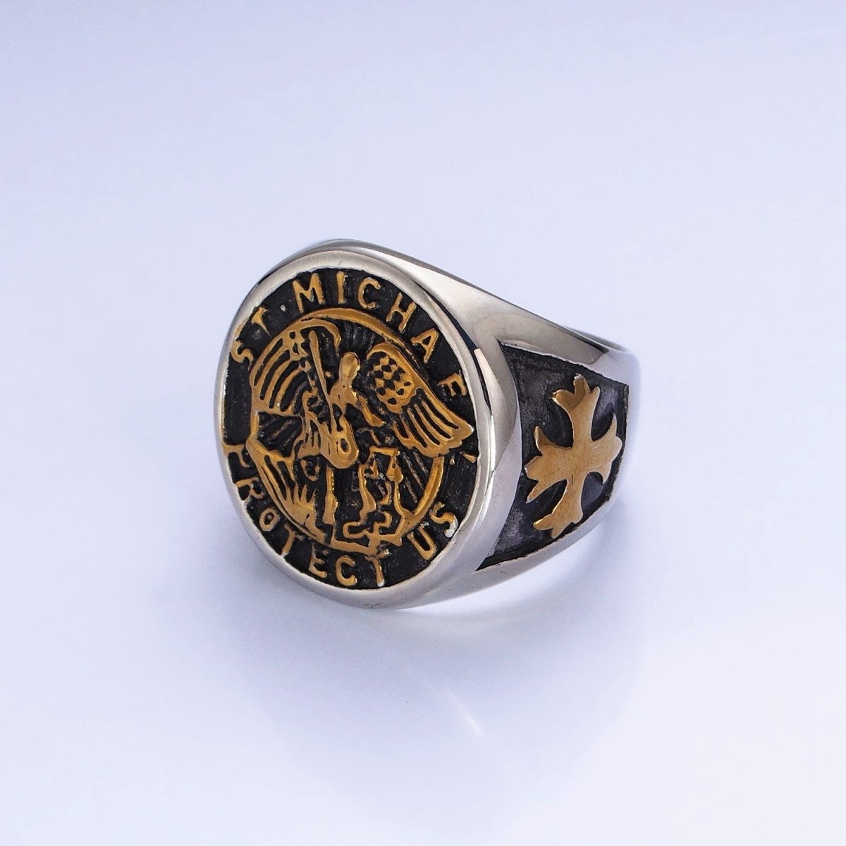 Stainless Steel "St. Michael Protect Us" Script Fleury Cross Round Signet Mixed Metal Ring | O-1853 O-1854