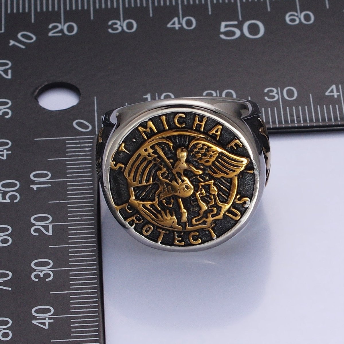 Stainless Steel "St. Michael Protect Us" Script Fleury Cross Round Signet Mixed Metal Ring | O-1853 O-1854