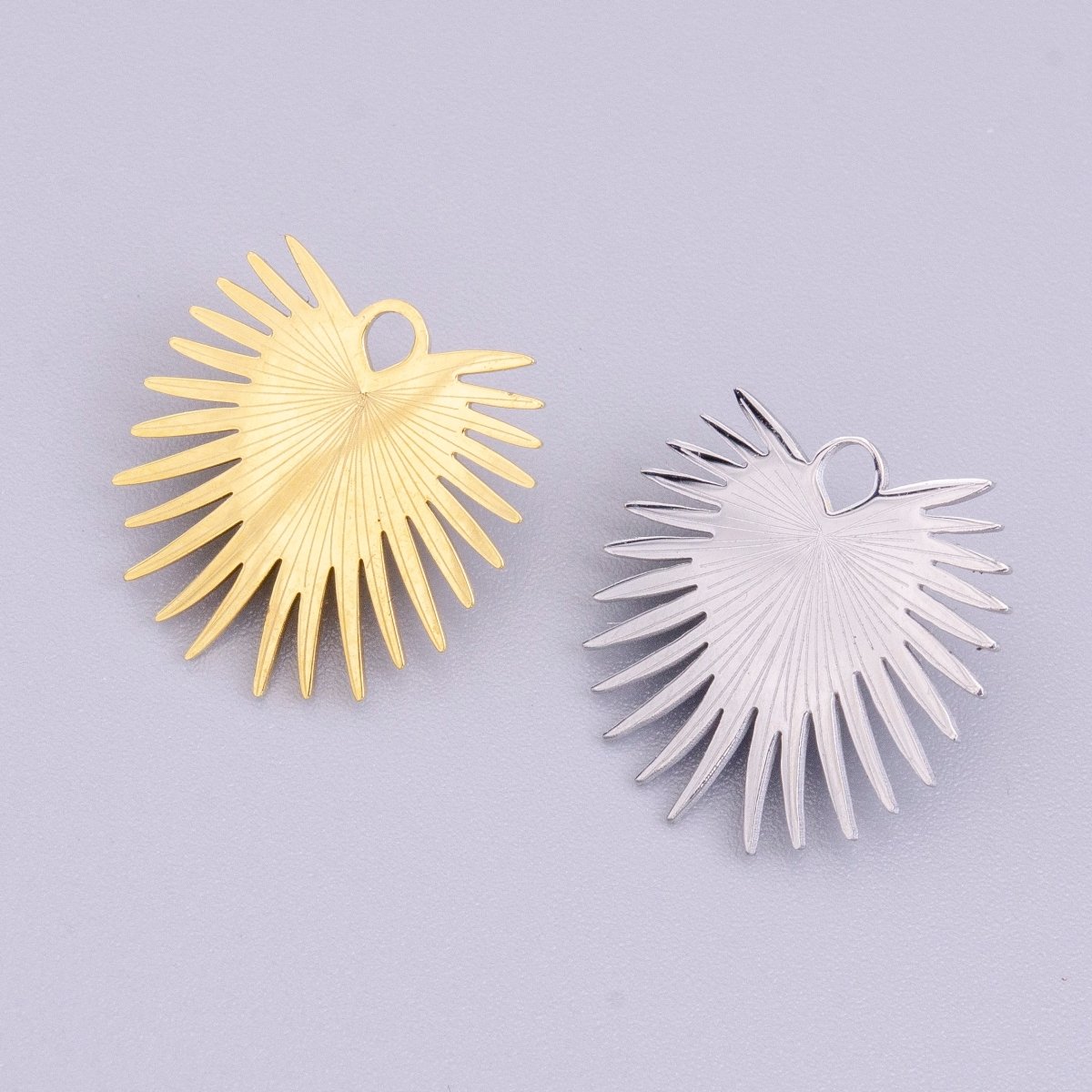 Stainless Steel Sunburst Line Engraved Sacred Heart Double Loop Charm in Gold & Silver | P-915