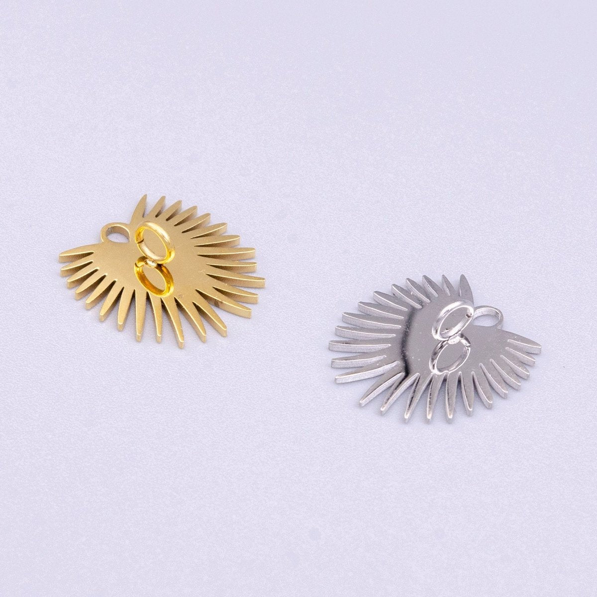 Stainless Steel Sunburst Line Engraved Sacred Heart Double Loop Charm in Gold & Silver | P-915