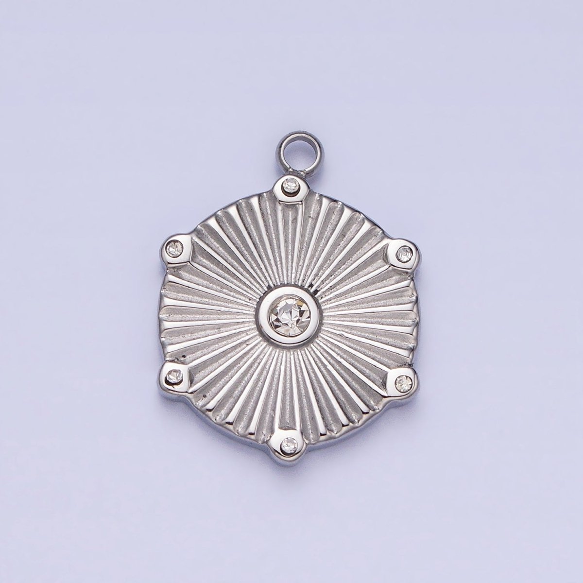 Stainless Steel Sunburst Round Clear CZ Hexagonal Geometric Charm in Gold & Silver | P-886