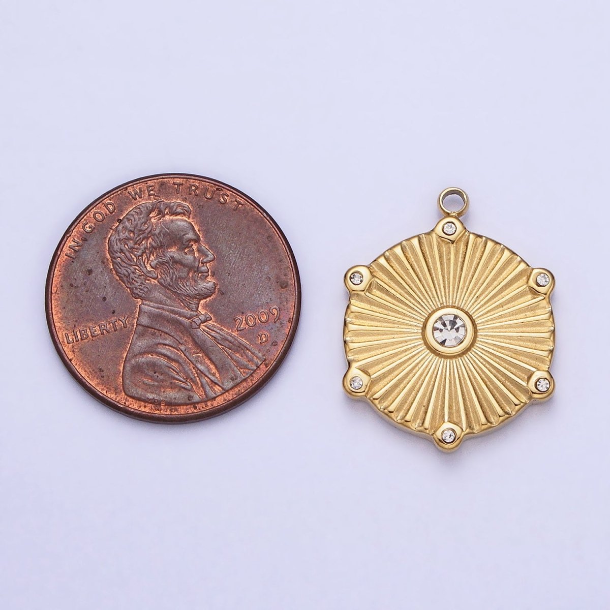 Stainless Steel Sunburst Round Clear CZ Hexagonal Geometric Charm in Gold & Silver | P-886