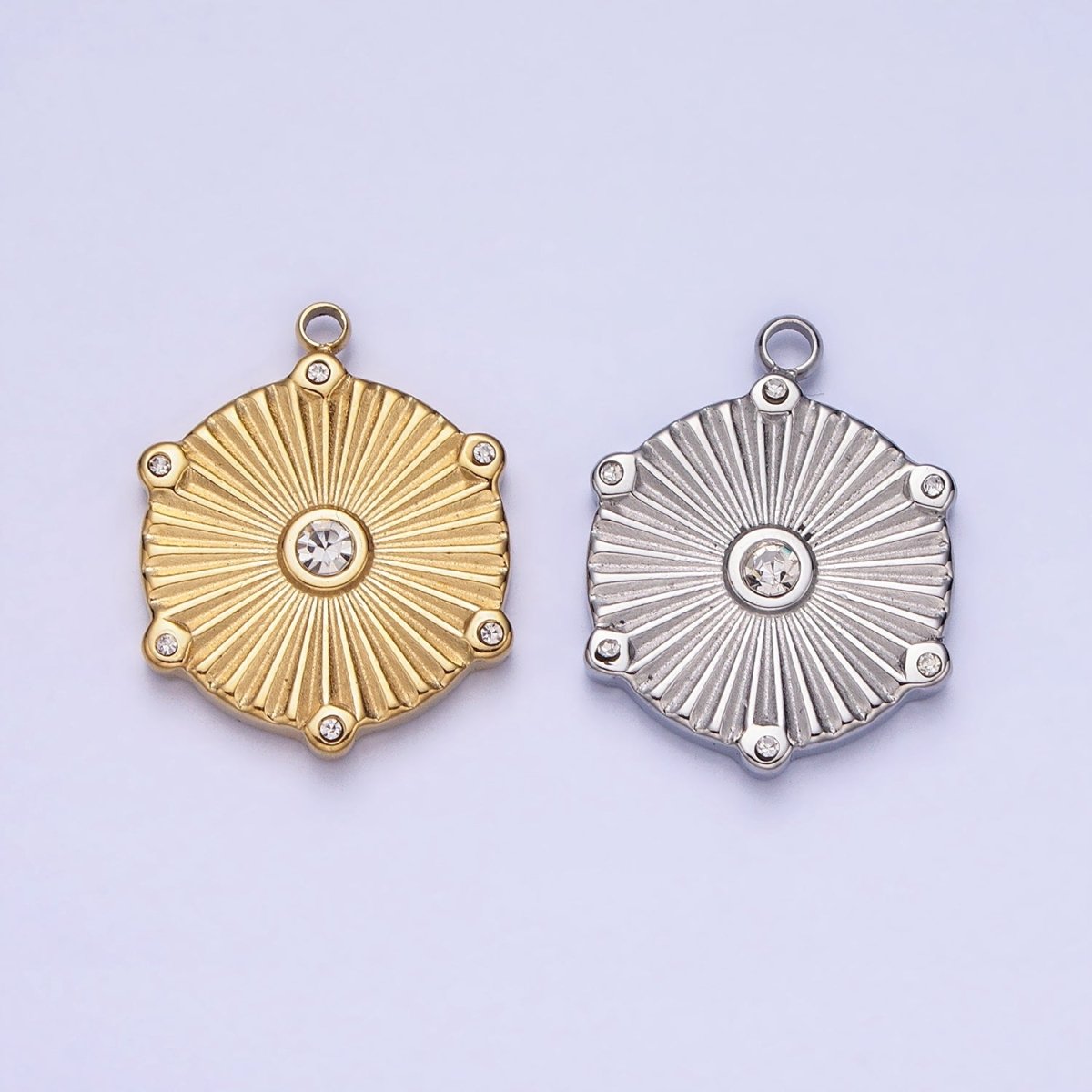Stainless Steel Sunburst Round Clear CZ Hexagonal Geometric Charm in Gold & Silver | P-886