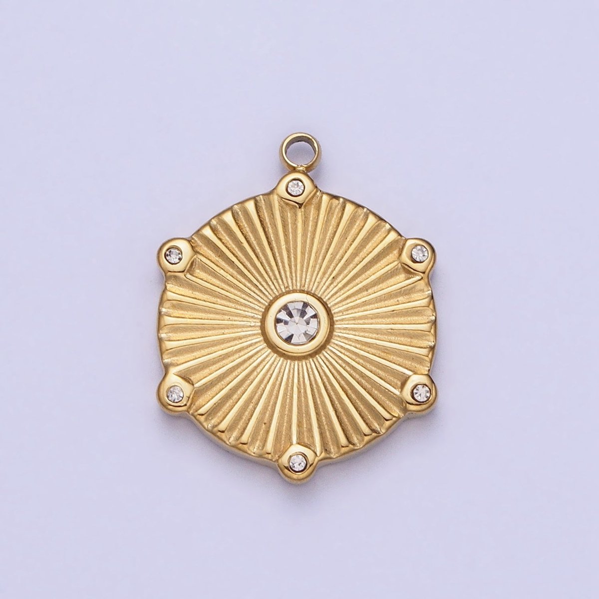 Stainless Steel Sunburst Round Clear CZ Hexagonal Geometric Charm in Gold & Silver | P-886