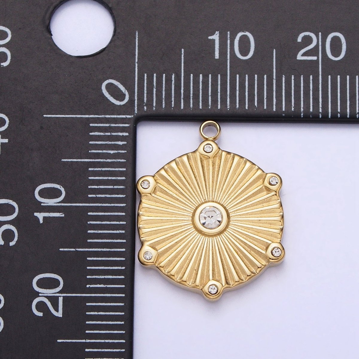 Stainless Steel Sunburst Round Clear CZ Hexagonal Geometric Charm in Gold & Silver | P-886