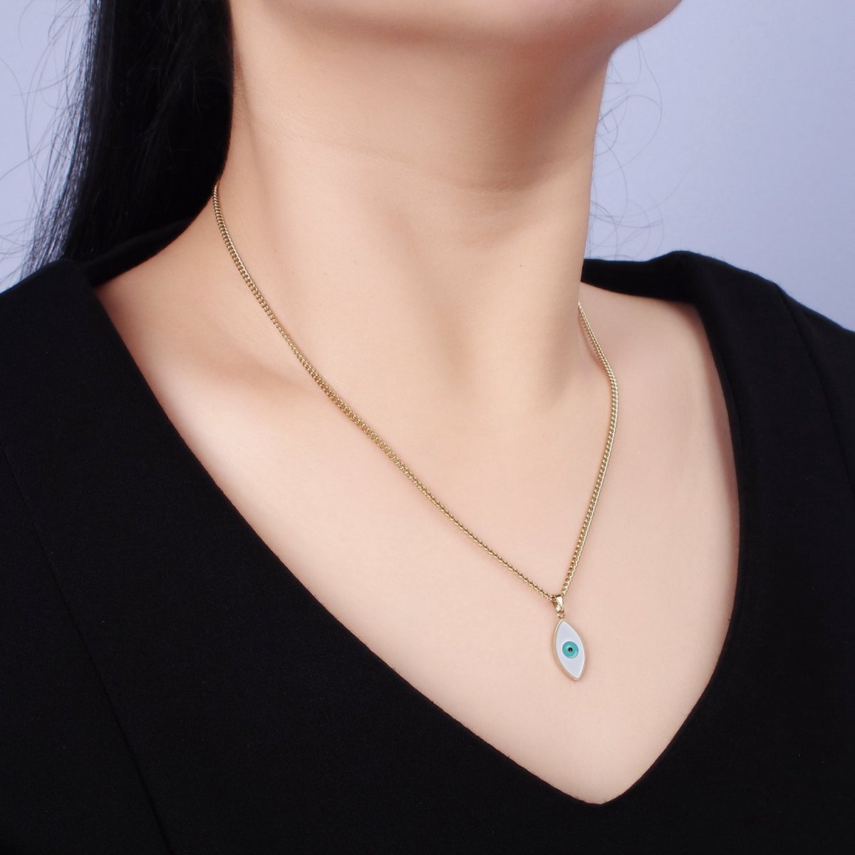 Stainless Steel Teal Evil Eyed Enamel Pendant 17 Inch Curb Chain Necklace | WA-2056 Clearance Pricing - DLUXCA