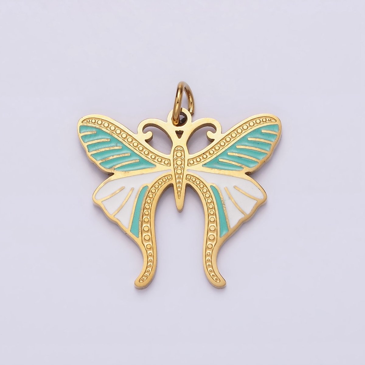 Stainless Steel Teal White Enamel Dotted Engraved Butterfly Wings Charm in Gold & Silver | P-636