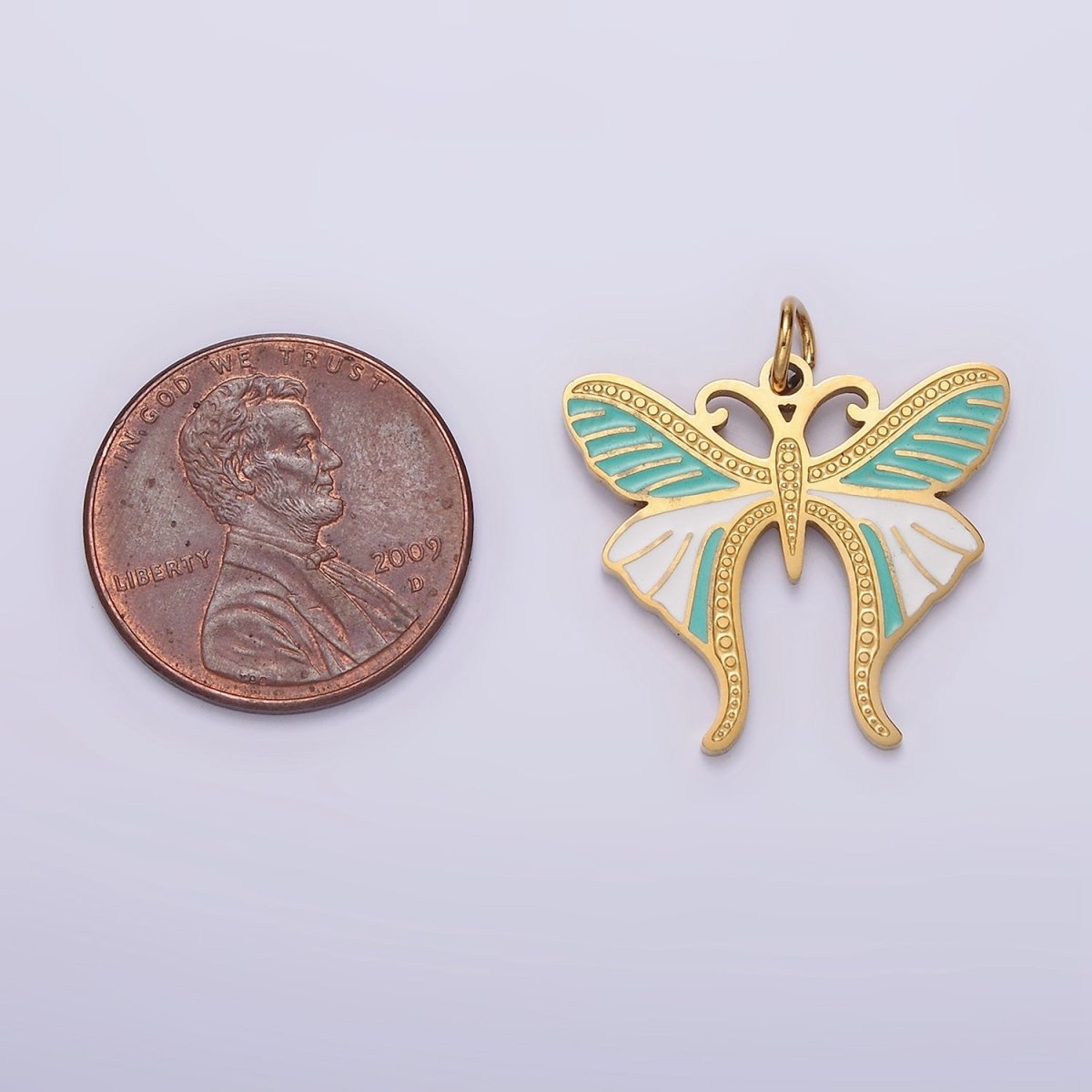 Stainless Steel Teal White Enamel Dotted Engraved Butterfly Wings Charm in Gold & Silver | P-636