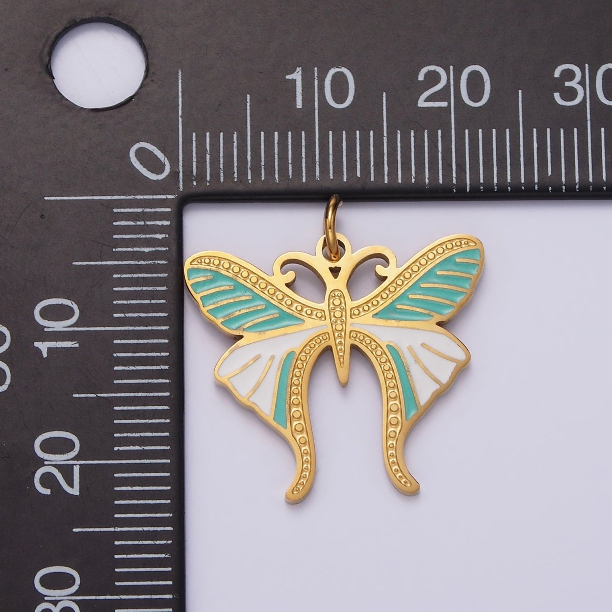 Stainless Steel Teal White Enamel Dotted Engraved Butterfly Wings Charm in Gold & Silver | P-636