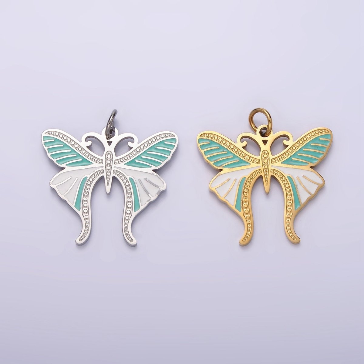Stainless Steel Teal White Enamel Dotted Engraved Butterfly Wings Charm in Gold & Silver | P-636