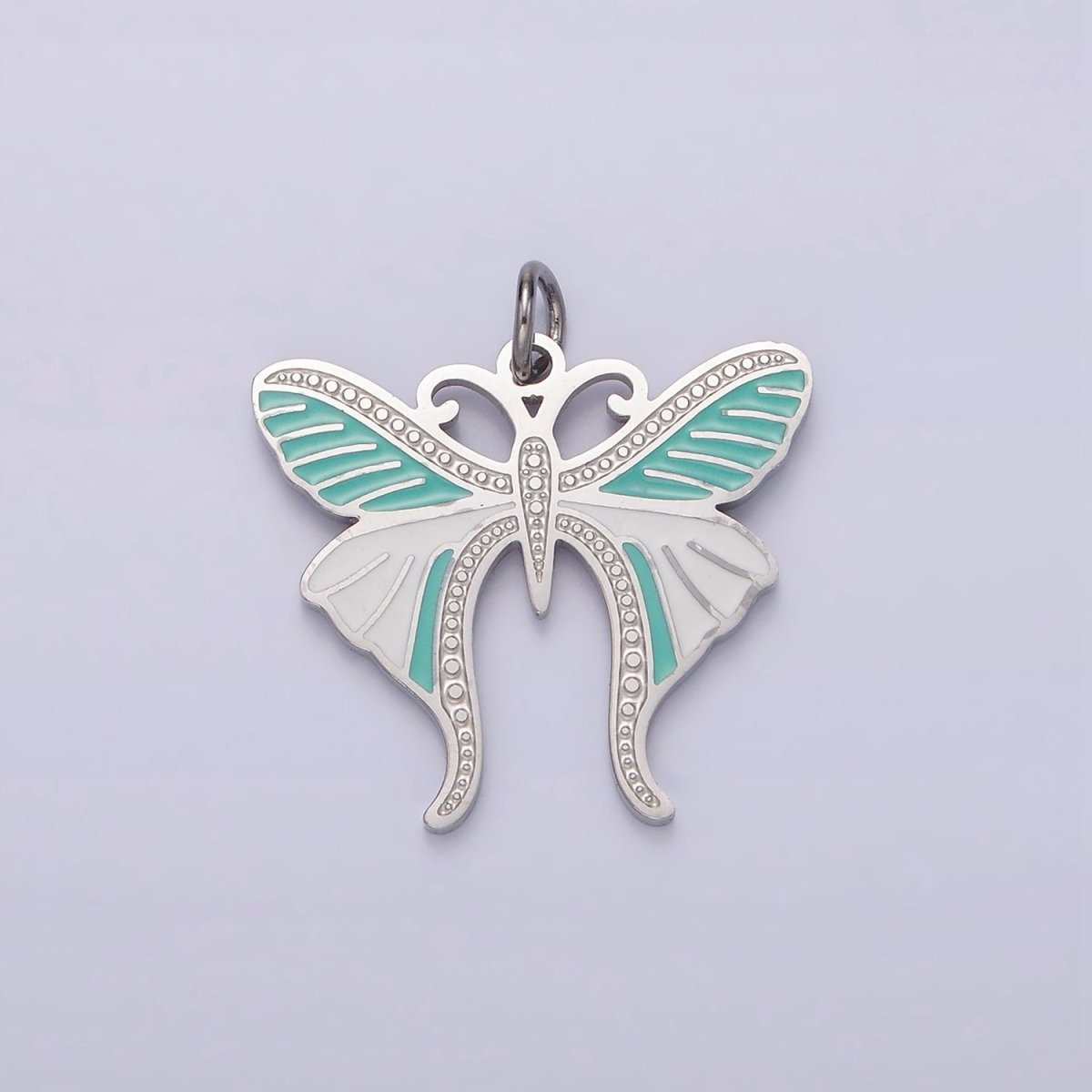 Stainless Steel Teal White Enamel Dotted Engraved Butterfly Wings Charm in Gold & Silver | P-636