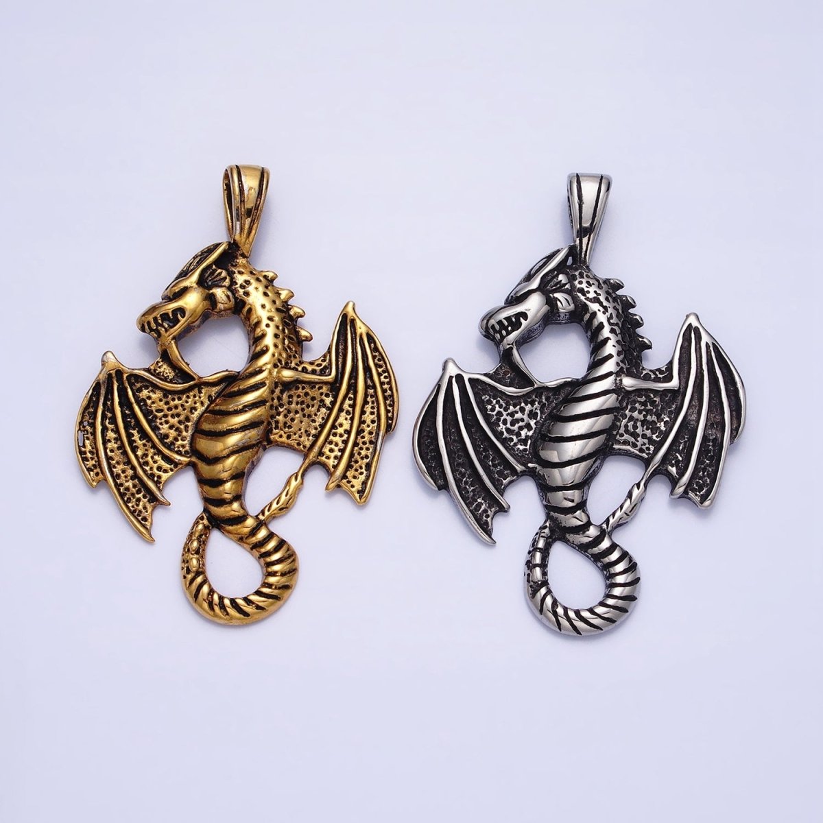 Stainless Steel Textured Winged Dragon Pendant in Gold & Silver P-1148