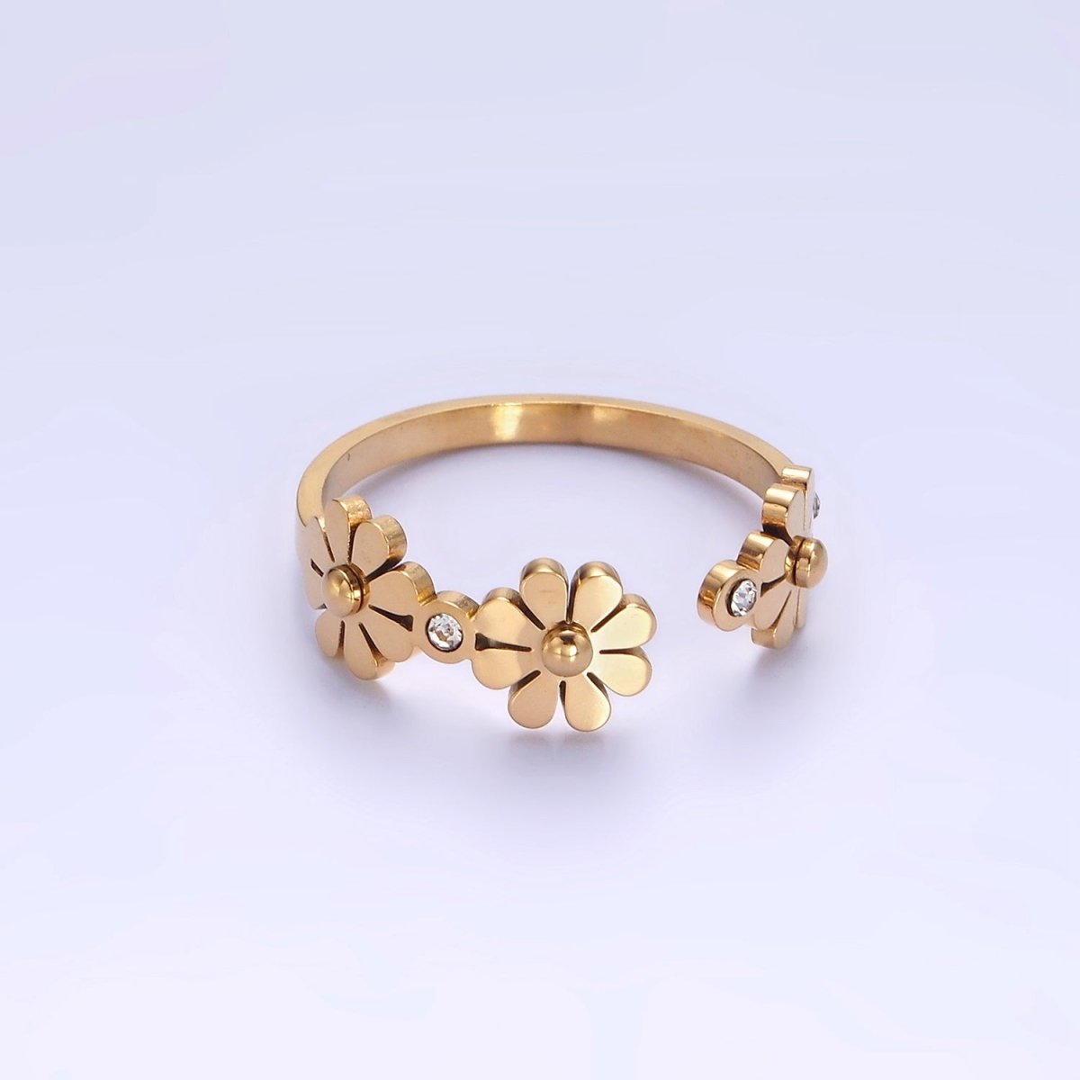 OS Stainless Steel Triple Flower Nature CZ Round Bezel Wrap Ring | O1290