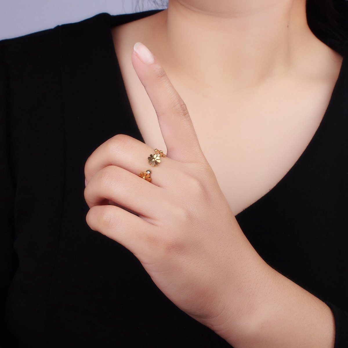 OS Stainless Steel Triple Flower Nature CZ Round Bezel Wrap Ring | O1290