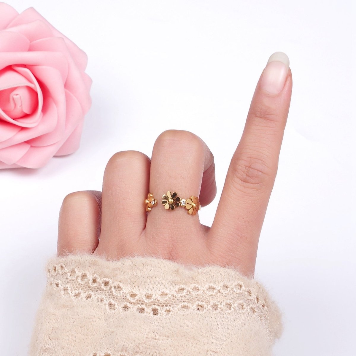 OS Stainless Steel Triple Flower Nature CZ Round Bezel Wrap Ring | O1290