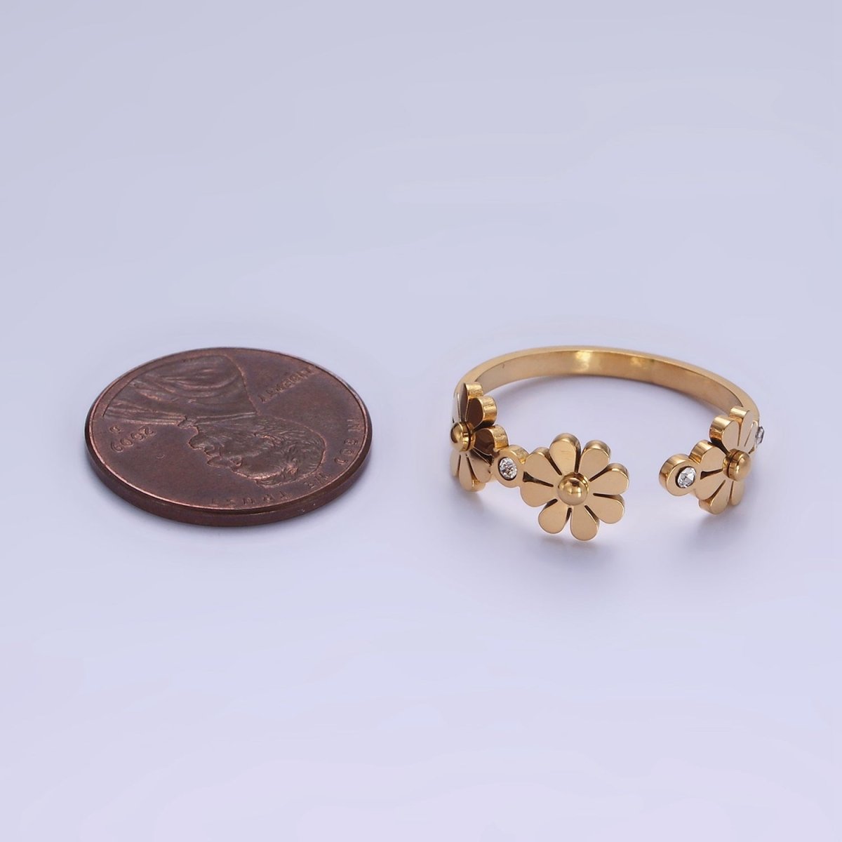 OS Stainless Steel Triple Flower Nature CZ Round Bezel Wrap Ring | O1290