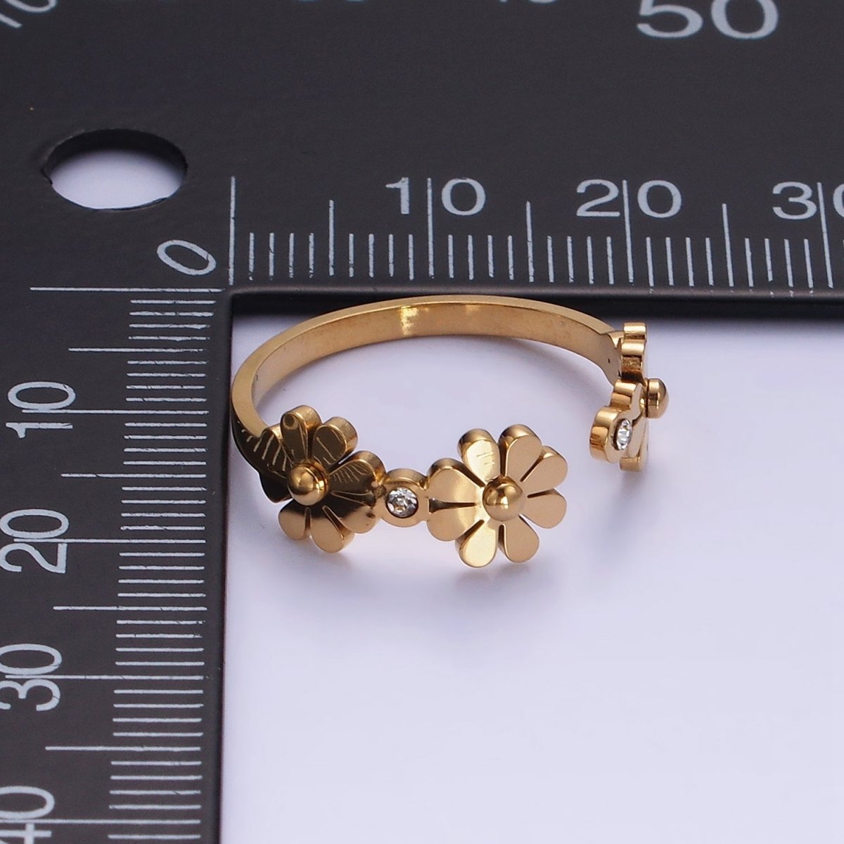 OS Stainless Steel Triple Flower Nature CZ Round Bezel Wrap Ring | O1290