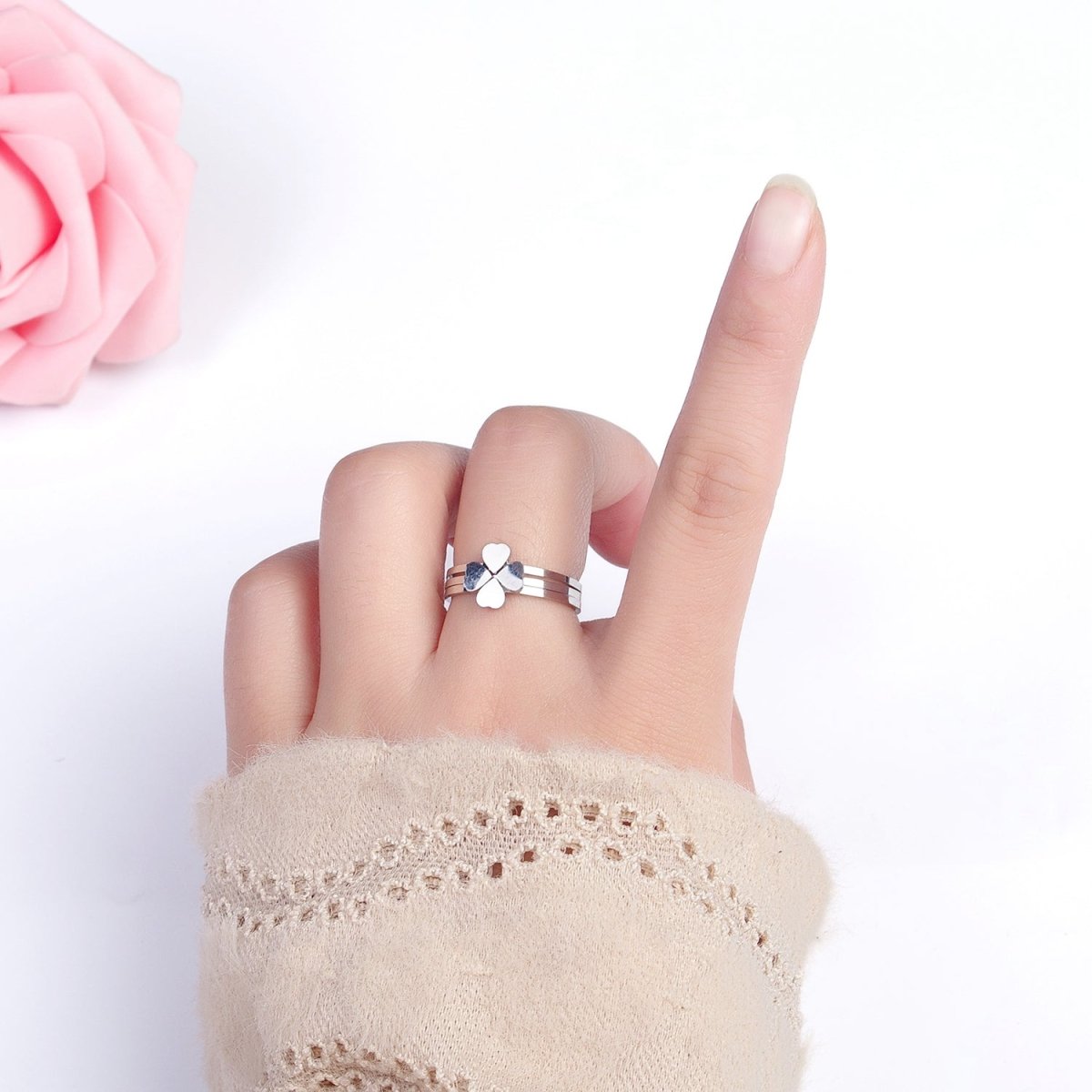 Stainless Steel Triple Heart Clover Quatrefoil Band Ring Set in Gold & Silver | O-1689~O-1696
