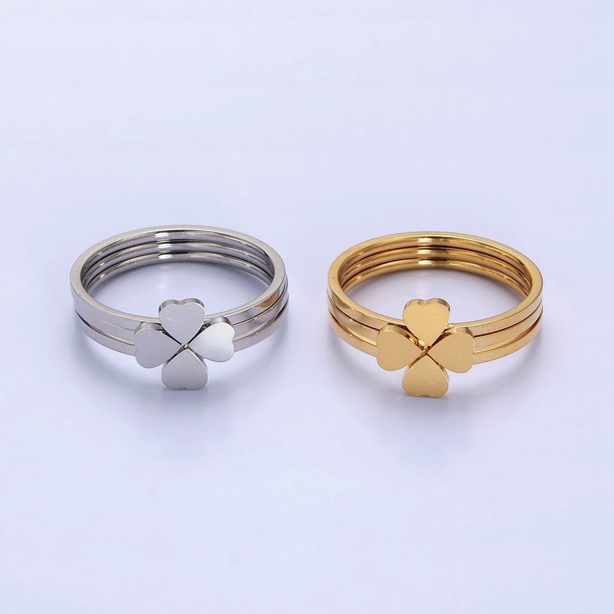 Stainless Steel Triple Heart Clover Quatrefoil Band Ring Set in Gold & Silver | O-1689~O-1696