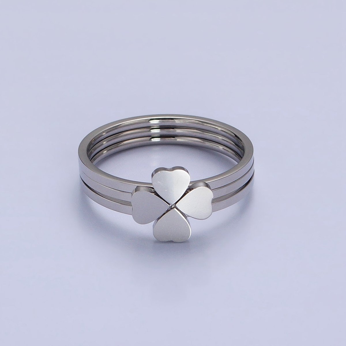 Stainless Steel Triple Heart Clover Quatrefoil Band Ring Set in Gold & Silver | O-1689~O-1696