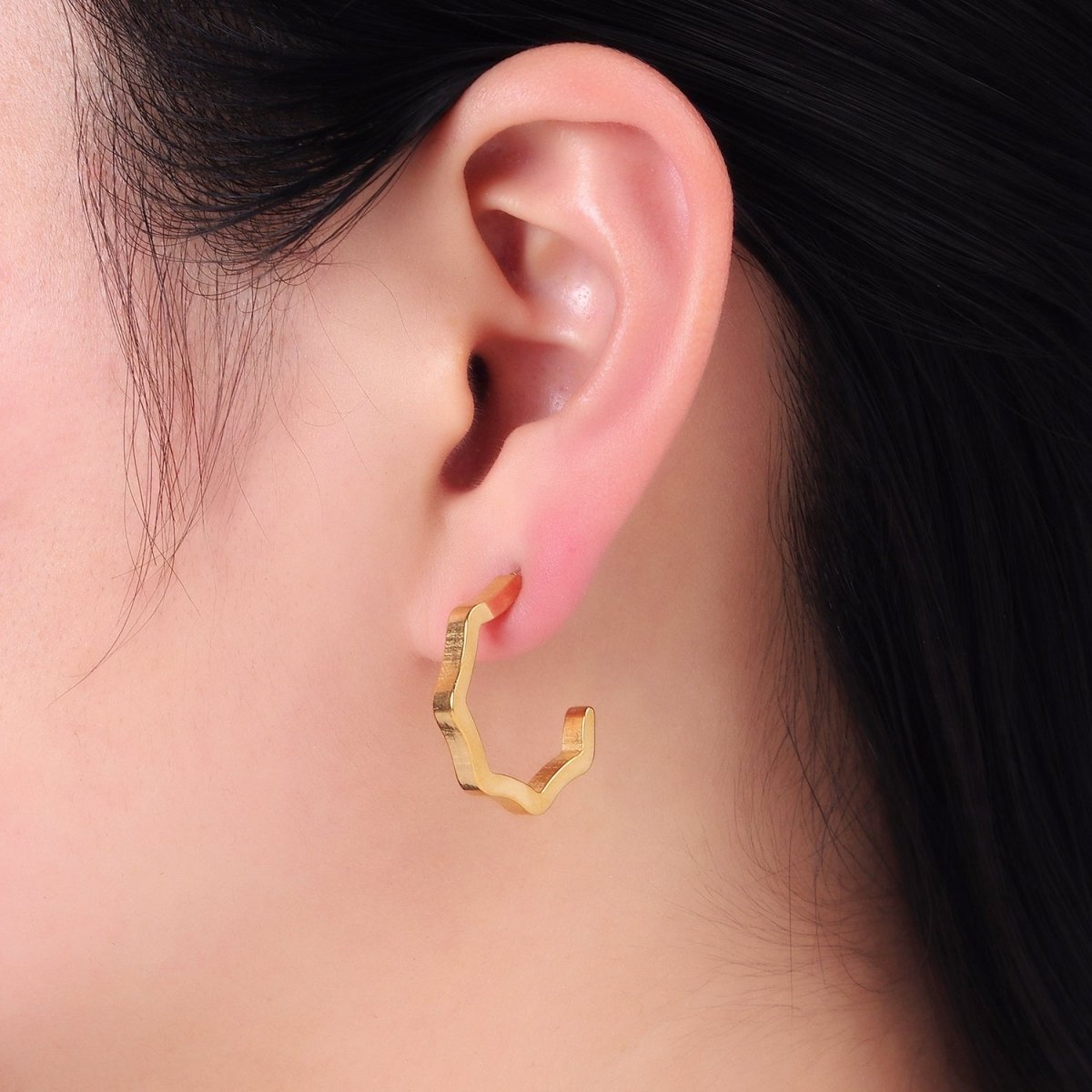 Stainless Steel Wavy Geometric C-Shaped Hoop Earrings in Gold & Silver | AB1376 AB1377
