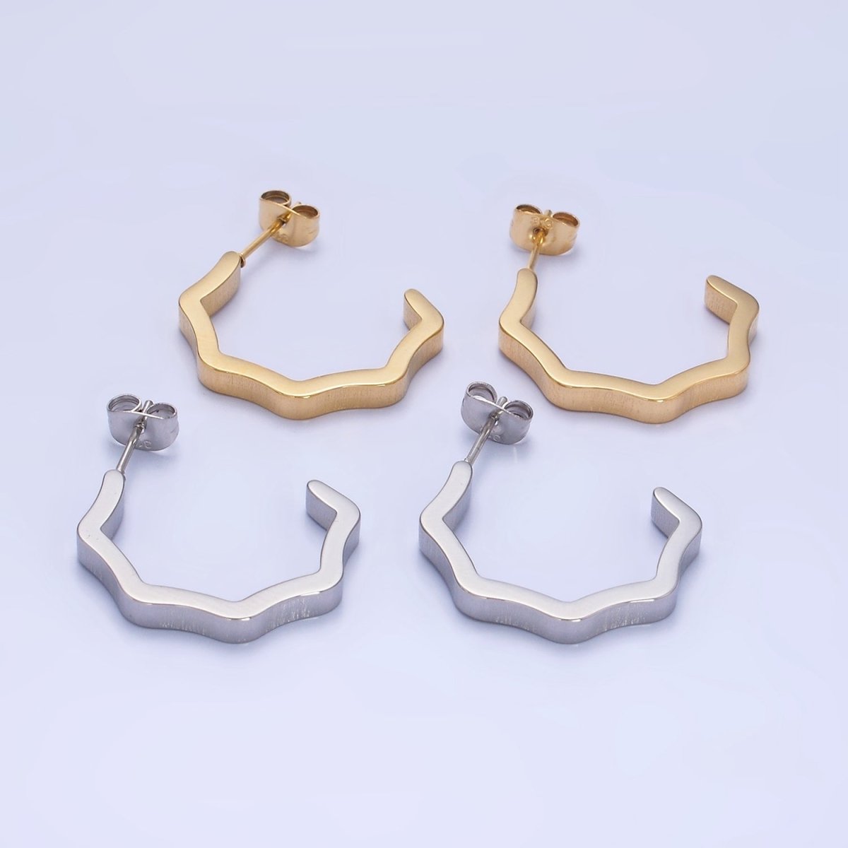 Stainless Steel Wavy Geometric C-Shaped Hoop Earrings in Gold & Silver | AB1376 AB1377