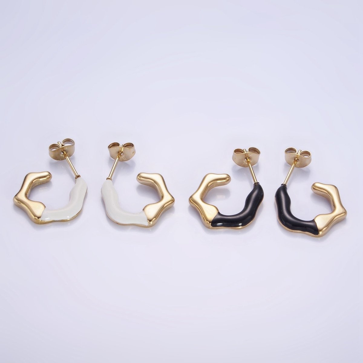 Stainless Steel White, Black Enamel Abstract C-Shaped Hoop Earrings | AB1147 AB1148