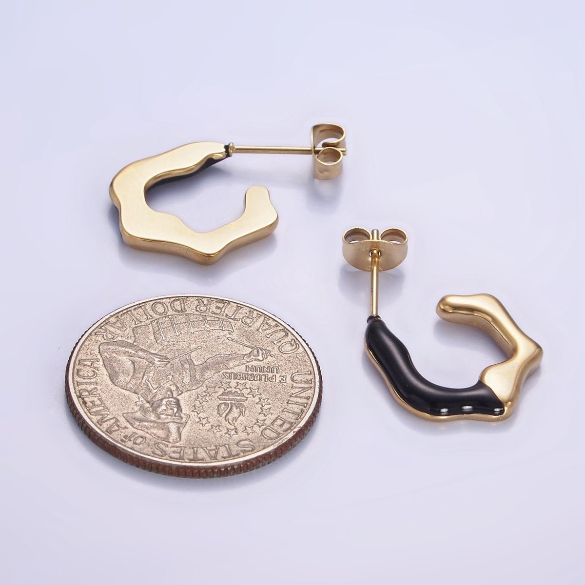 Stainless Steel White, Black Enamel Abstract C-Shaped Hoop Earrings | AB1147 AB1148