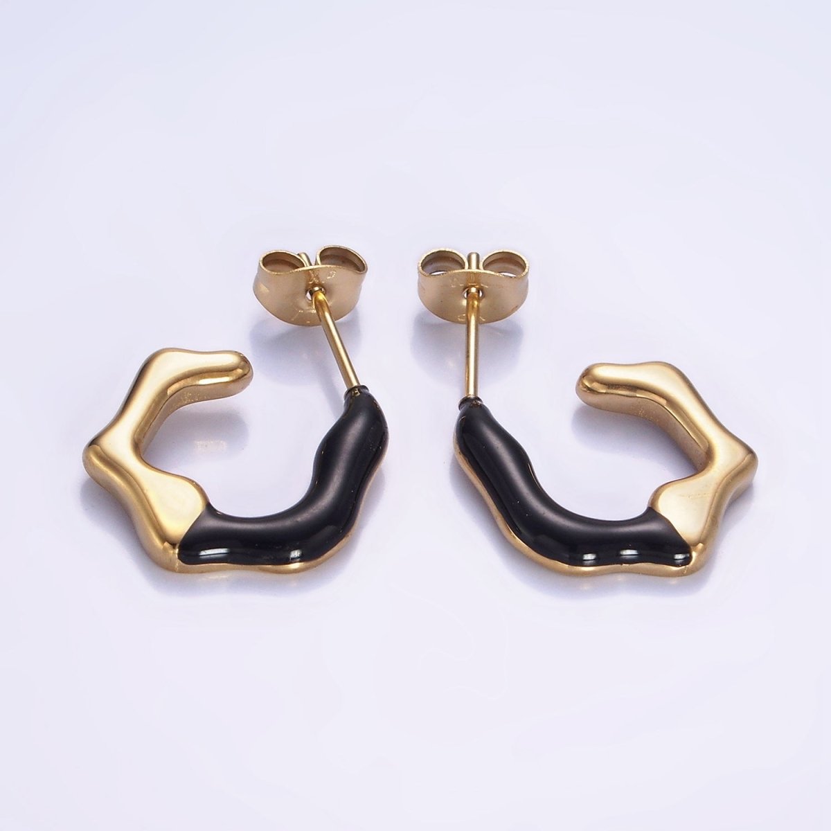 Stainless Steel White, Black Enamel Abstract C-Shaped Hoop Earrings | AB1147 AB1148