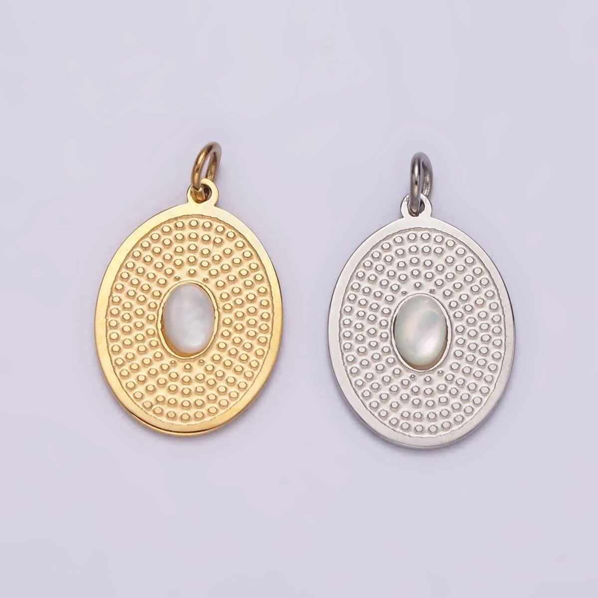 Stainless Steel White Chrysoberyl Cat's Eye Dotted Oval Charm in Gold & Silver | P1326