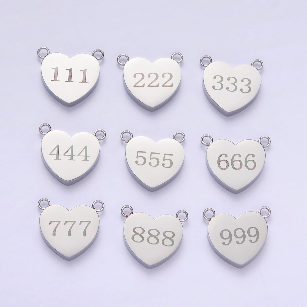 Stainless Steel White Gold Filled Angel Number Numerology Engraved Heart Connector | P-557-P-565