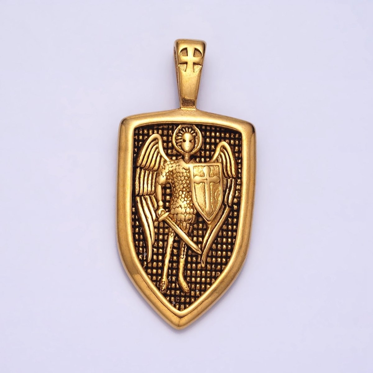 Stainless Steel Winged Angel Soldier Religious Cross Shield Crest Double Sided Pendant in Silver & Gold | P-1135