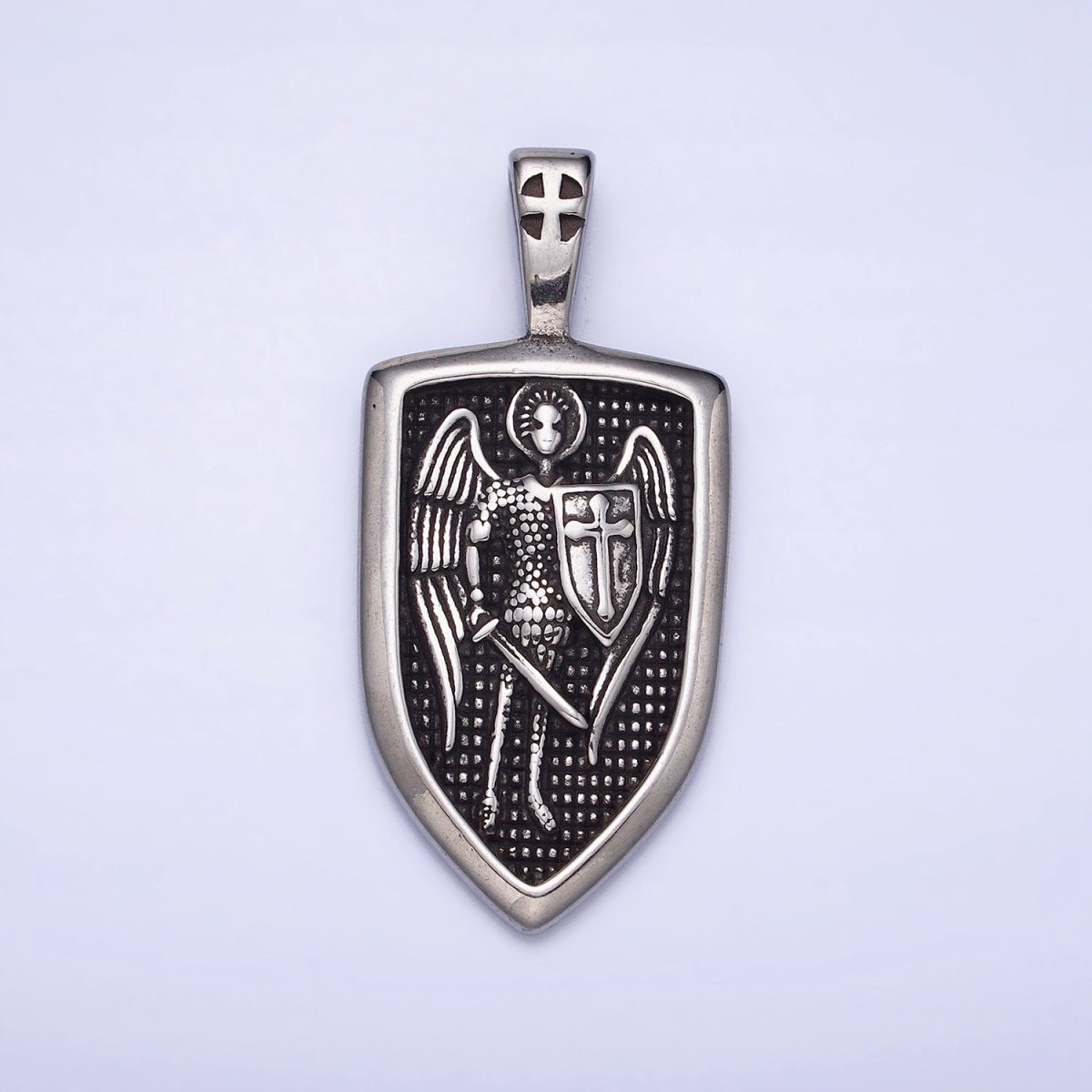 Stainless Steel Winged Angel Soldier Religious Cross Shield Crest Double Sided Pendant in Silver & Gold | P-1135